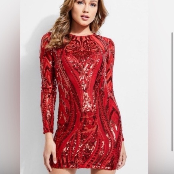 GUESS Red Sequin Bodycon Mini Dress – XS | Long Sleeve Party Dress - Picture 8 of 9